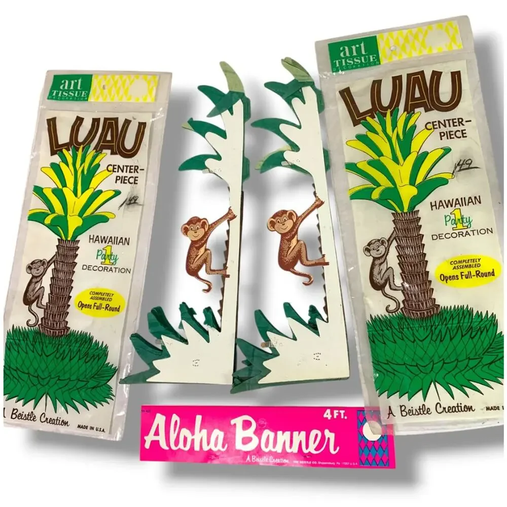 Vintage Set of Luau Decorations Beistle Honeycomb Palm Tree Pineapples Aloha